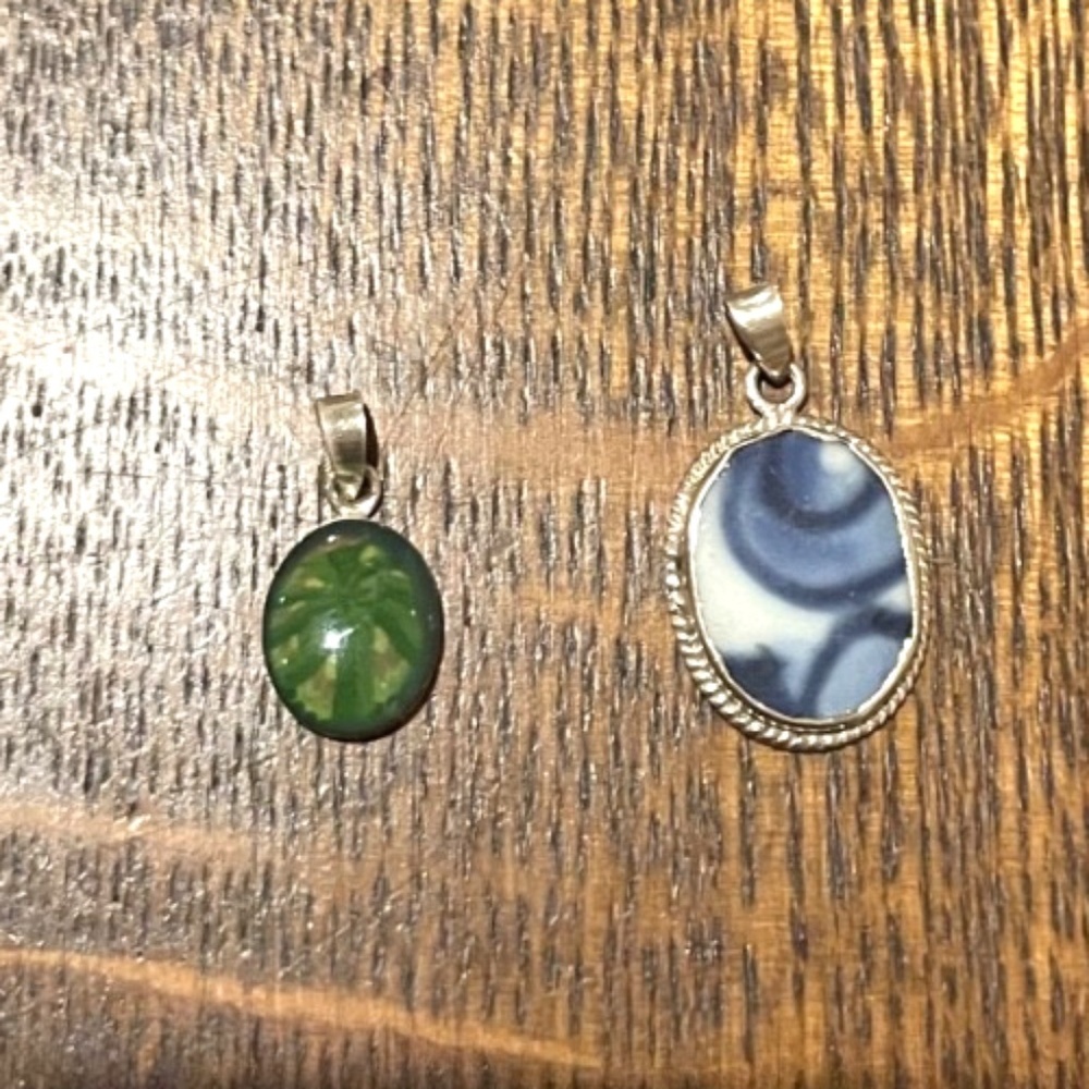 Sterling silver abstract green, blue and white Pendants Lot of 2